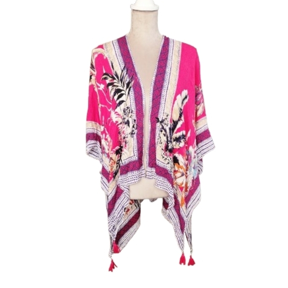 Vince Camuto Vibrant Multicolored Floral Kimono Pink Tassels One Size Boho Beach - Picture 9 of 12